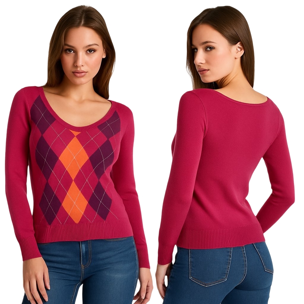 Y2K Preppy Sweater Womens Small Pink Orange Purple Argyle Retro